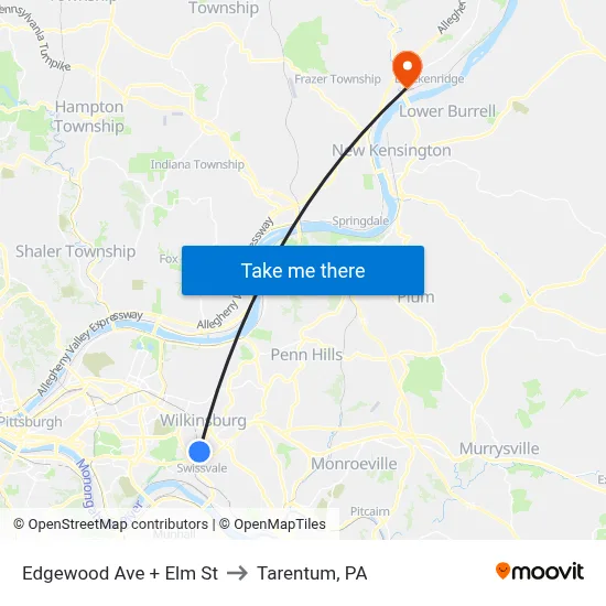 Edgewood Ave + Elm St to Tarentum, PA map
