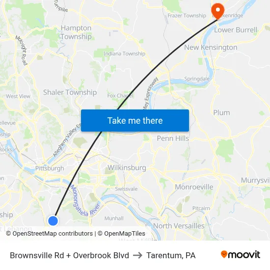 Brownsville Rd + Overbrook Blvd to Tarentum, PA map