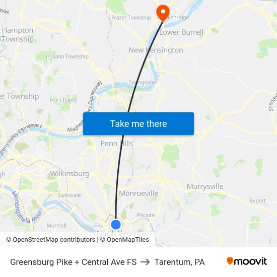Greensburg Pike + Central Ave FS to Tarentum, PA map