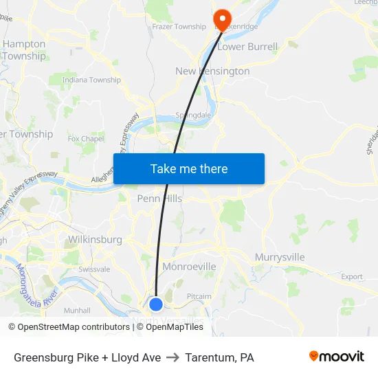 Greensburg Pike + Lloyd Ave to Tarentum, PA map