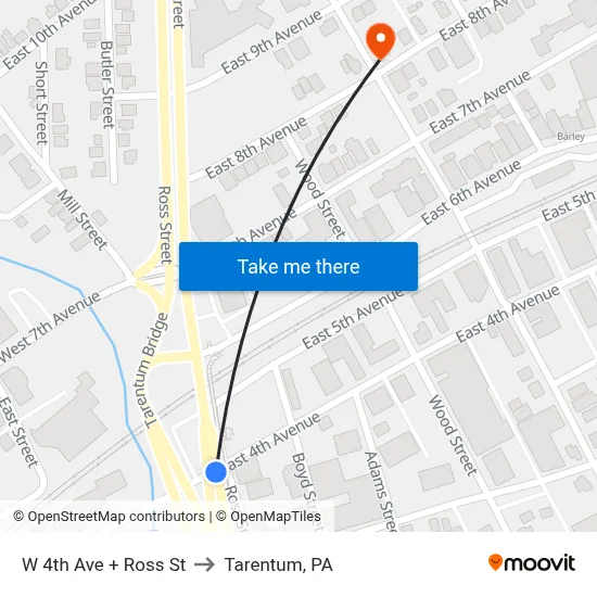 W 4th Ave + Ross St to Tarentum, PA map