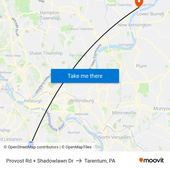 Provost Rd + Shadowlawn Dr to Tarentum, PA map