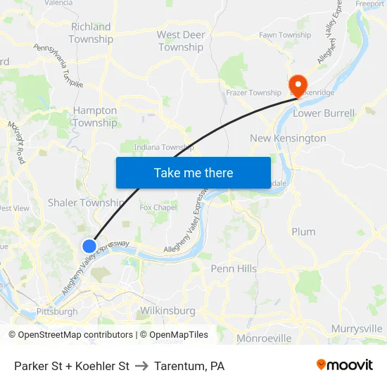 Parker St + Koehler St to Tarentum, PA map