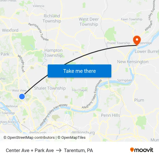 Center Ave + Park Ave to Tarentum, PA map