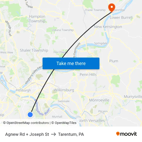 Agnew Rd + Joseph St to Tarentum, PA map