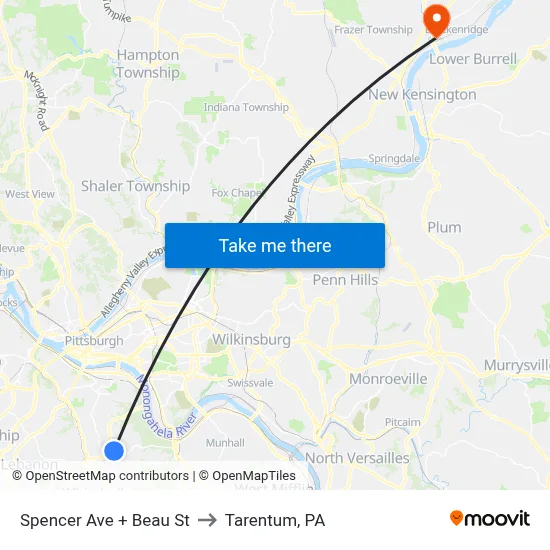 Spencer Ave + Beau St to Tarentum, PA map