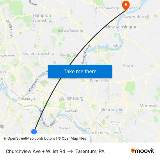 Churchview Ave + Willet Rd to Tarentum, PA map
