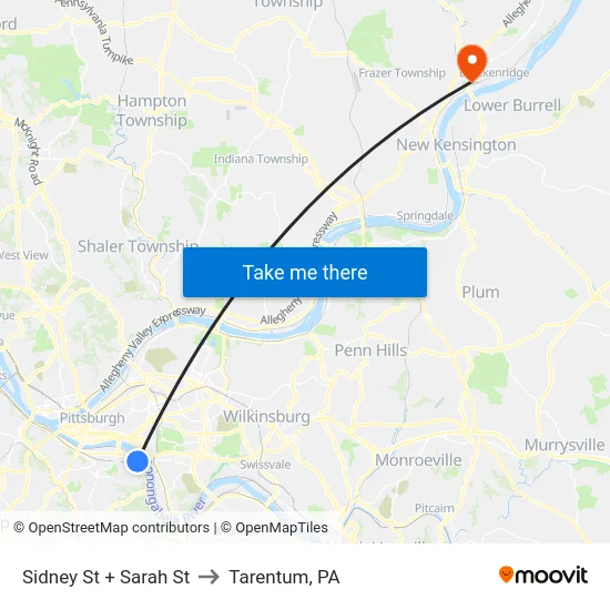 Sidney St + Sarah St to Tarentum, PA map