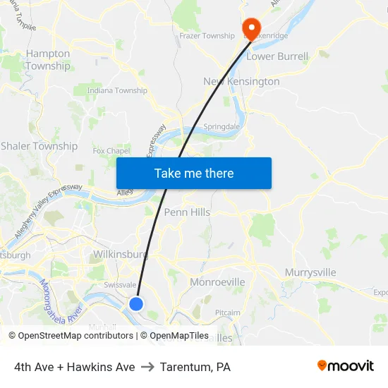 4th Ave + Hawkins Ave to Tarentum, PA map
