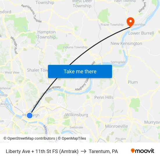Liberty Ave + 11th St FS (Amtrak) to Tarentum, PA map