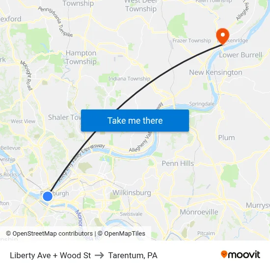 Liberty Ave + Wood St to Tarentum, PA map