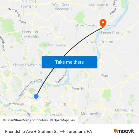 Friendship Ave + Graham St to Tarentum, PA map