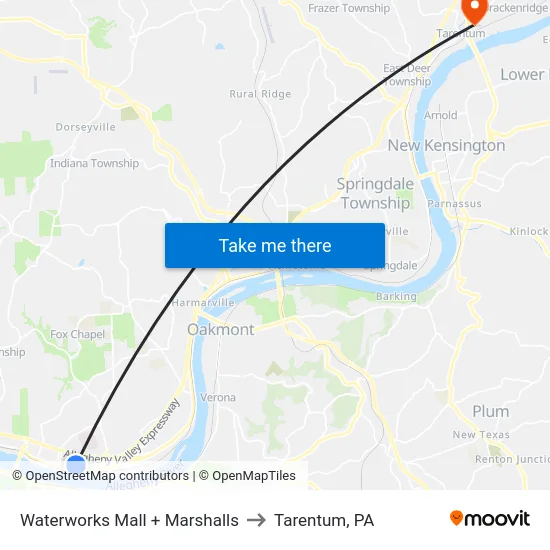 Waterworks Mall + Marshalls to Tarentum, PA map