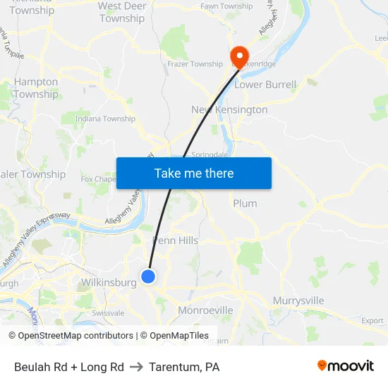 Beulah Rd + Long Rd to Tarentum, PA map