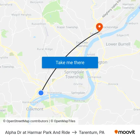 Alpha Dr at Harmar Park And Ride to Tarentum, PA map