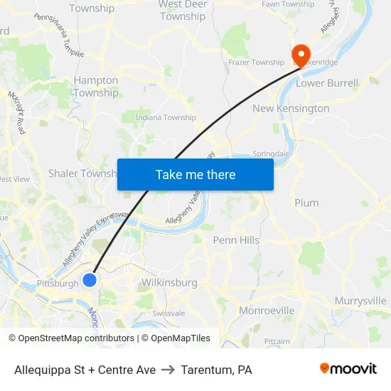Allequippa St + Centre Ave to Tarentum, PA map