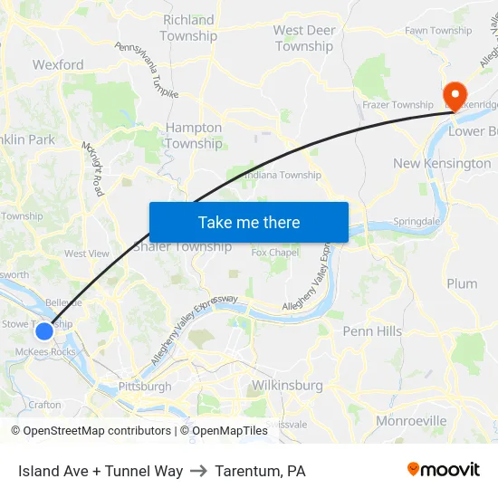 Island Ave + Tunnel Way to Tarentum, PA map
