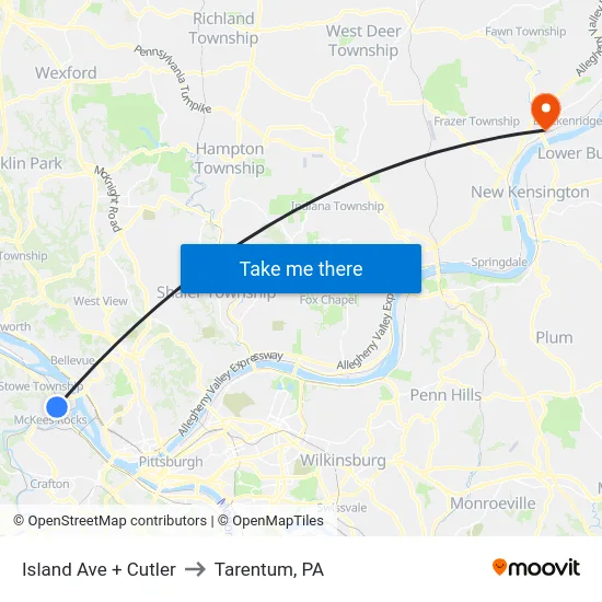 Island Ave + Cutler to Tarentum, PA map