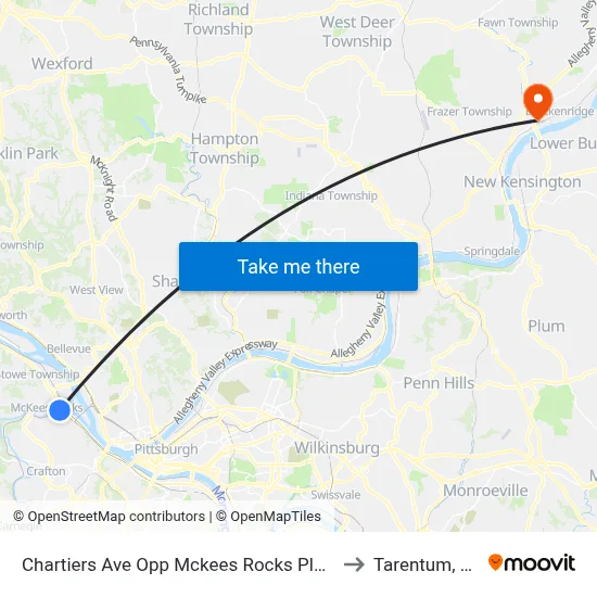 Chartiers Ave Opp Mckees Rocks Plaza to Tarentum, PA map