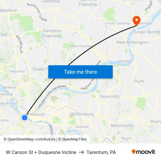 W Carson St + Duquesne Incline to Tarentum, PA map