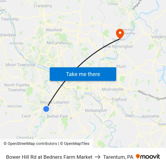 Bower Hill Rd at Bedners Farm Market to Tarentum, PA map