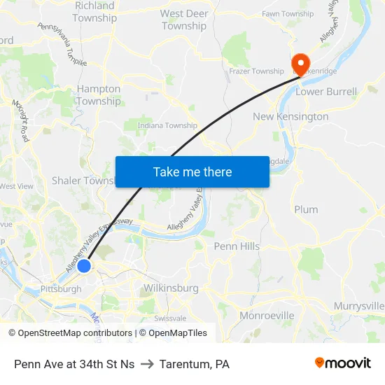 Penn Ave at 34th St Ns to Tarentum, PA map