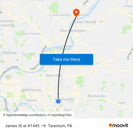 James St at #1445 to Tarentum, PA map