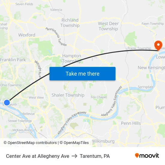 Center Ave at Allegheny Ave to Tarentum, PA map