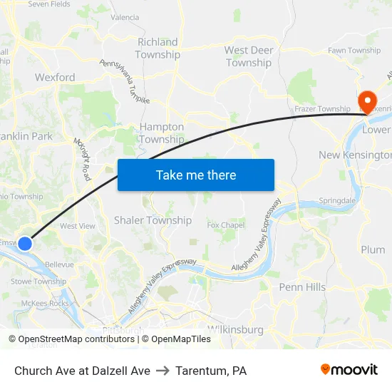 Church Ave at Dalzell Ave to Tarentum, PA map