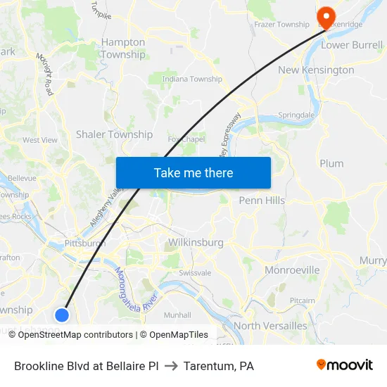 Brookline Blvd at Bellaire Pl to Tarentum, PA map