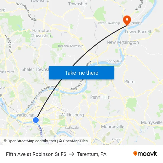 Fifth Ave at Robinson St FS to Tarentum, PA map