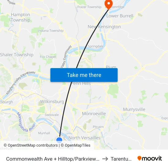 Commonwealth Ave + Hilltop/Parkview Manor Apts to Tarentum, PA map