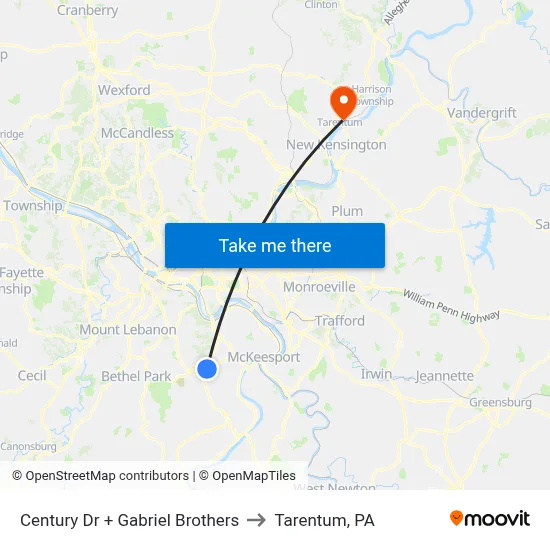 Century Dr + Gabriel Brothers to Tarentum, PA map