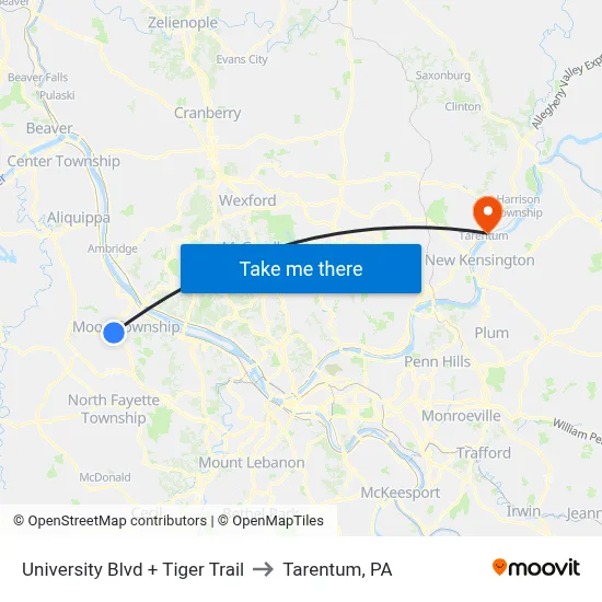 University Blvd + Tiger Trail to Tarentum, PA map