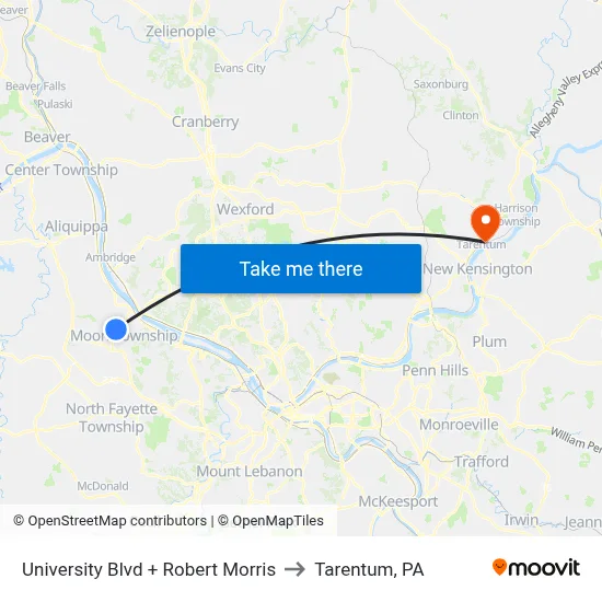 University Blvd + Robert Morris to Tarentum, PA map