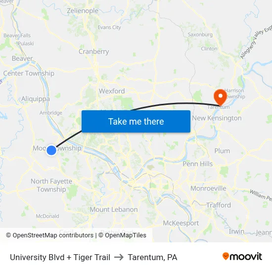 University Blvd + Tiger Trail to Tarentum, PA map