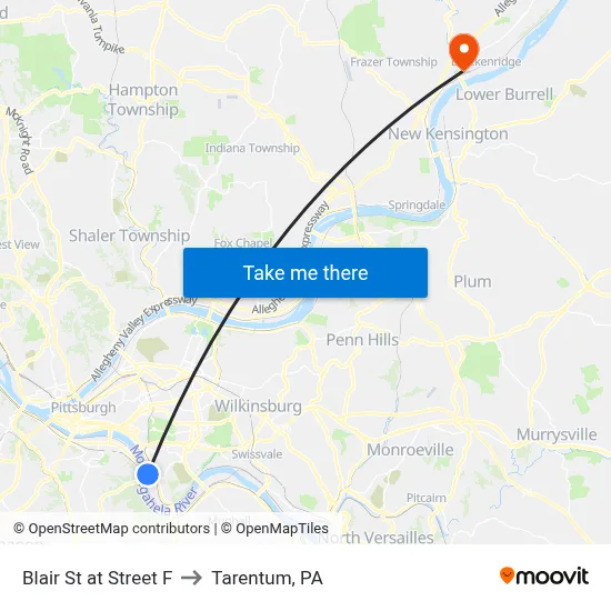 Blair St at Street F to Tarentum, PA map