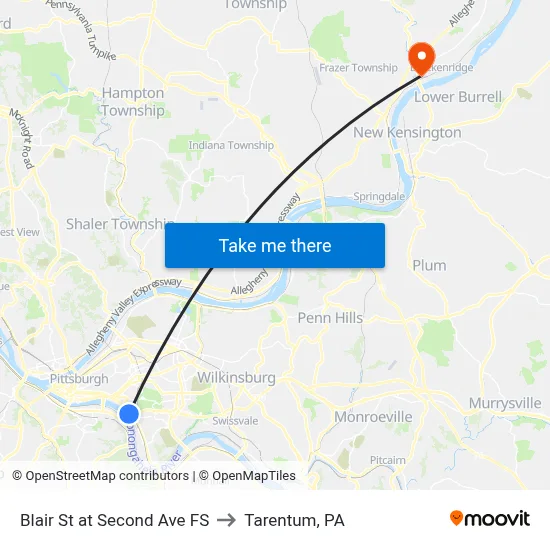 Blair St at Second Ave FS to Tarentum, PA map
