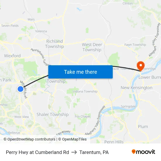 Perry Hwy at Cumberland Rd to Tarentum, PA map
