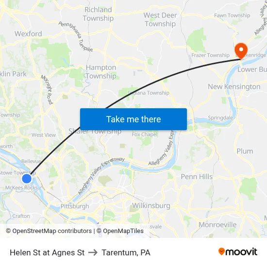 Helen St at Agnes St to Tarentum, PA map