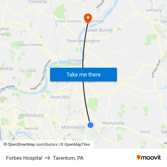 Forbes Hospital to Tarentum, PA map