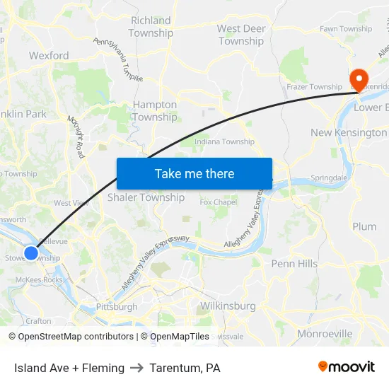 Island Ave + Fleming to Tarentum, PA map