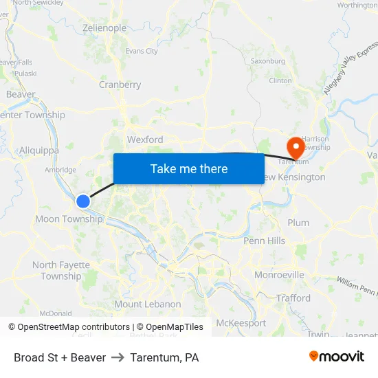 Broad St + Beaver to Tarentum, PA map