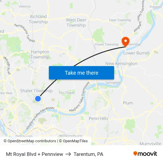 Mt Royal Blvd + Pennview to Tarentum, PA map