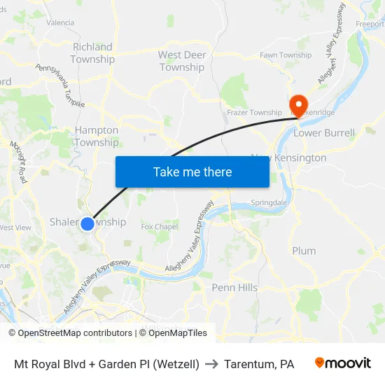 Mt Royal Blvd + Garden Pl (Wetzell) to Tarentum, PA map