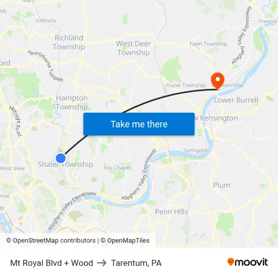 Mt Royal Blvd + Wood to Tarentum, PA map