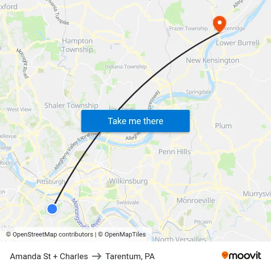 Amanda St + Charles to Tarentum, PA map