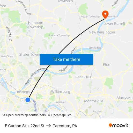 E Carson St + 22nd St to Tarentum, PA map
