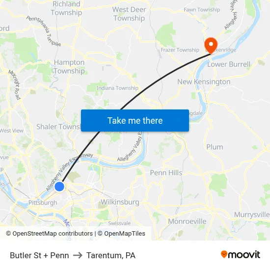 Butler St + Penn to Tarentum, PA map
