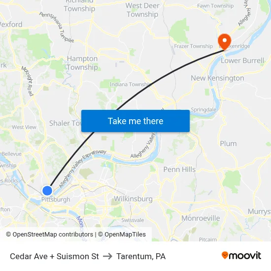 Cedar Ave + Suismon St to Tarentum, PA map